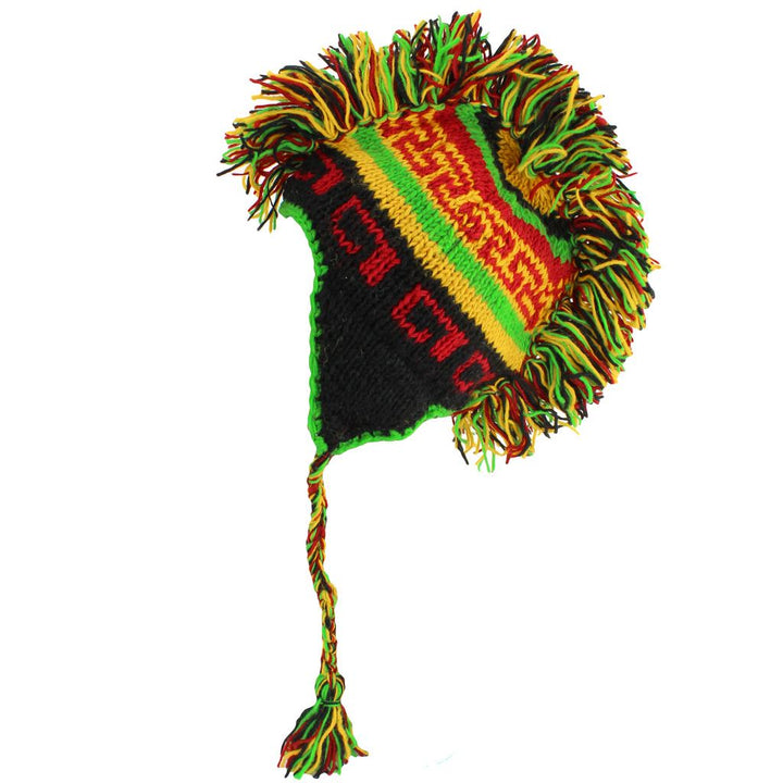 Wool Knit 'Punk' Mohawk Earflap Beanie Hat - Rasta