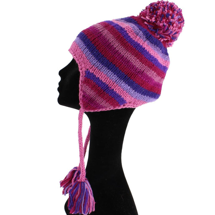 Wool Knit Earflap Bobble Hat - Stripe Pink Purple