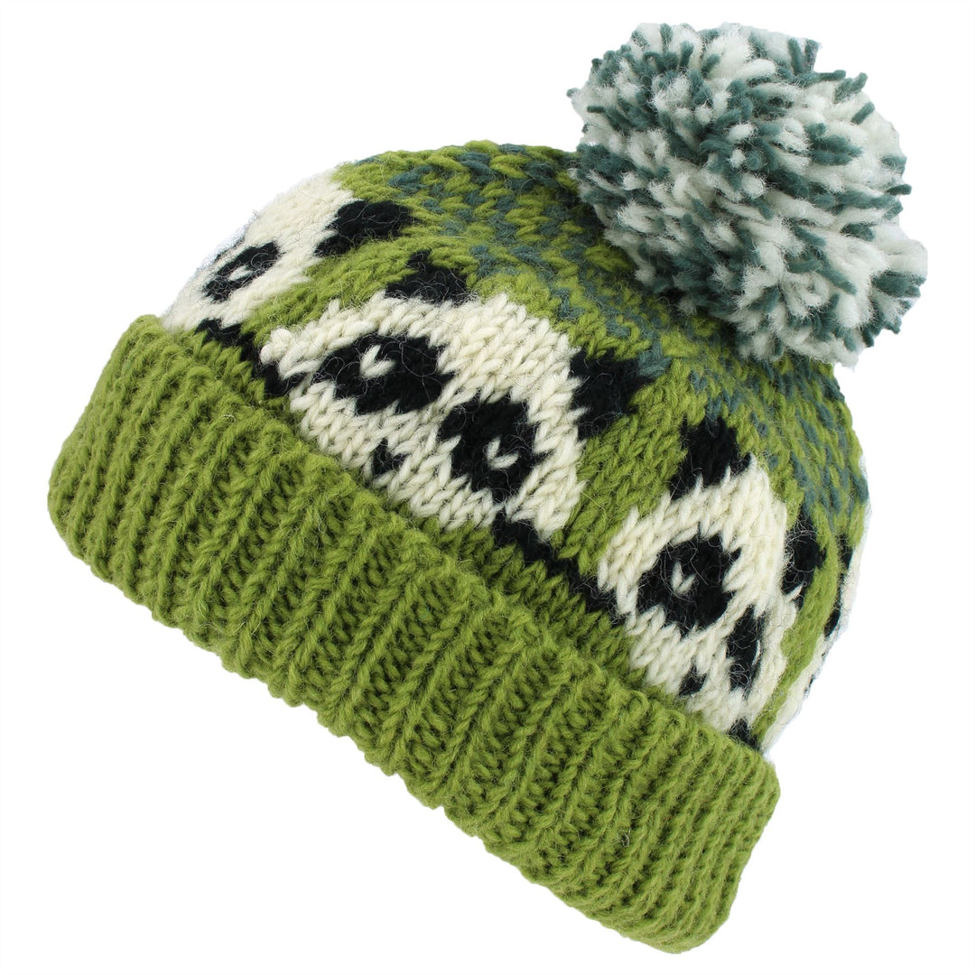 Wool Knit Bobble Beanie Hat - Panda - Green Grey