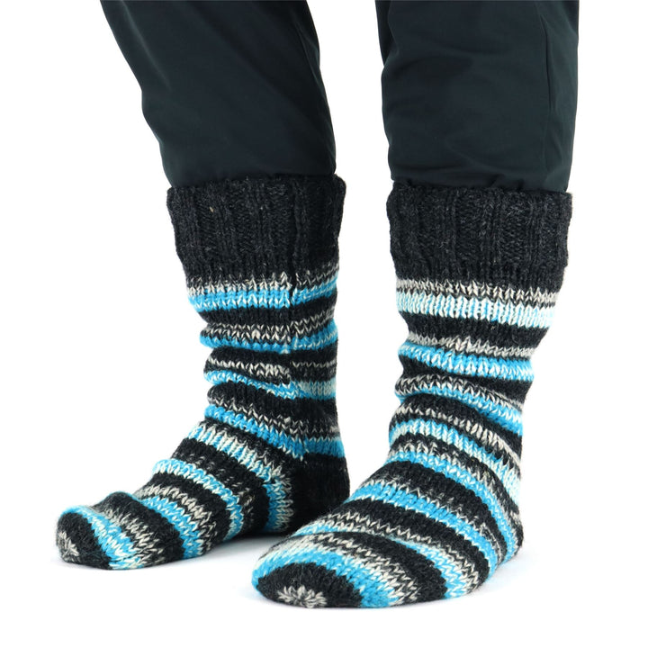 Hand Knitted Wool Slipper Socks - SD Light Blue Charcoal