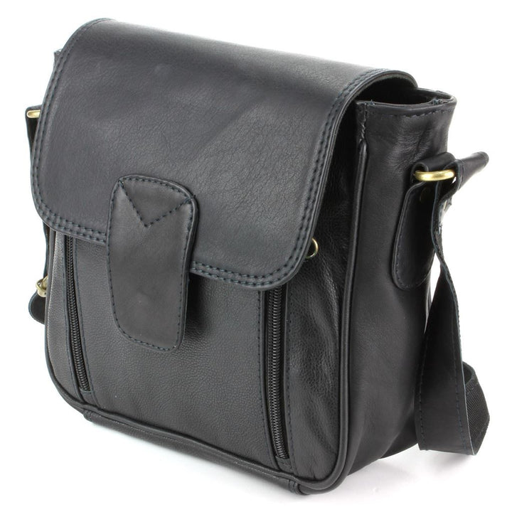 Real Leather Shoulder Bag with Large Extendable Front Pocket - Black
