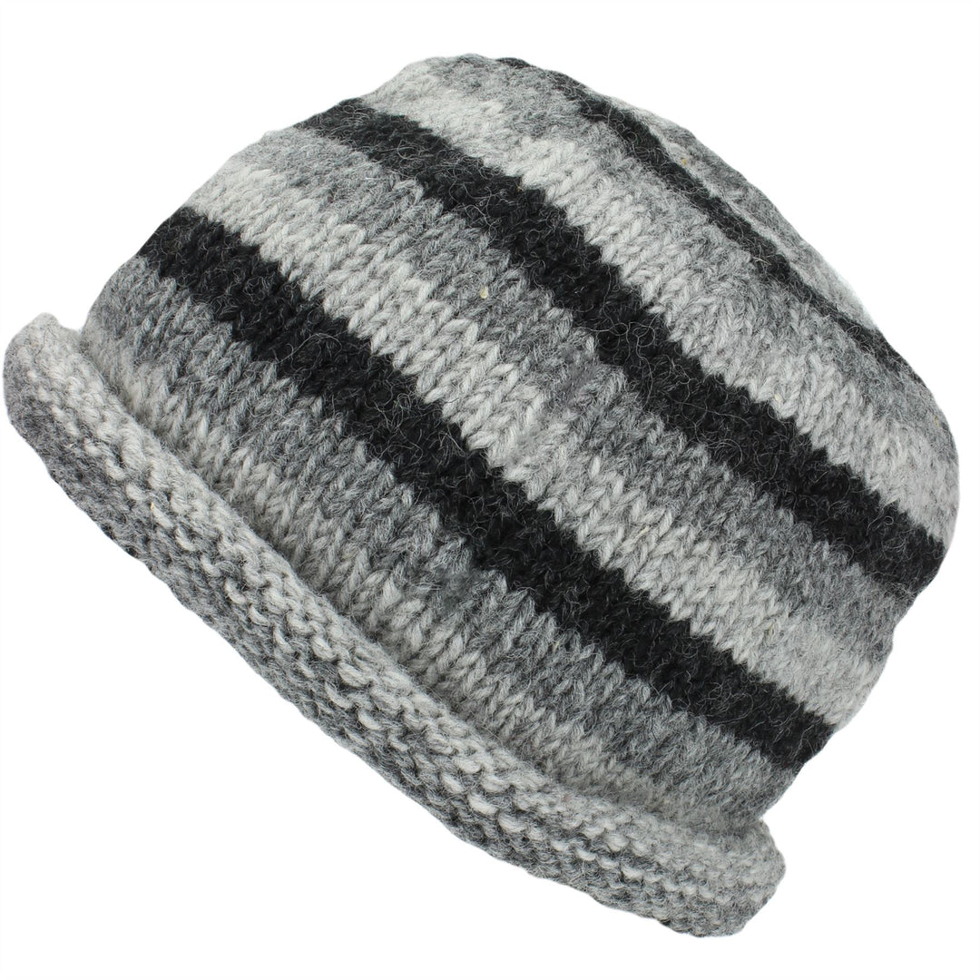 Chunky Wool Knit Beanie Hat with Rolled Brim - Grey