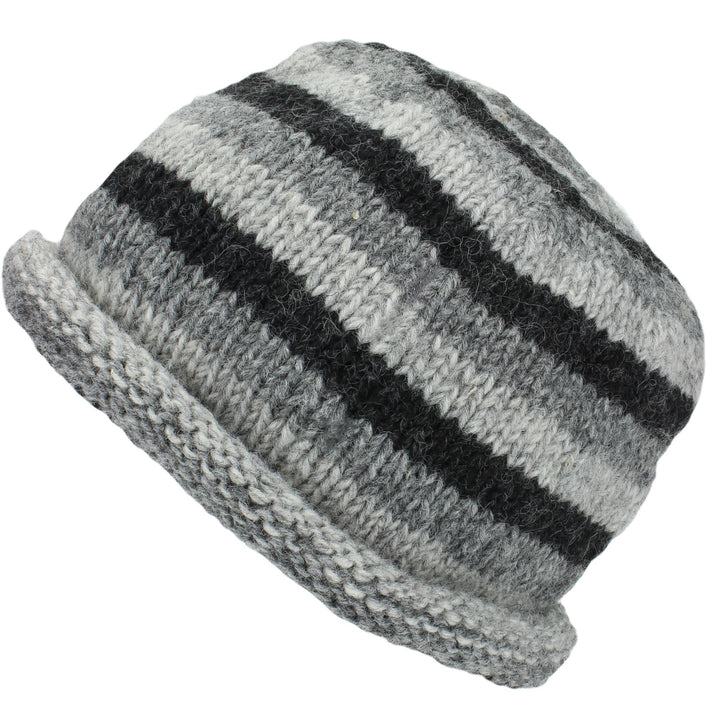 Chunky Wool Knit Beanie Hat with Rolled Brim - Grey
