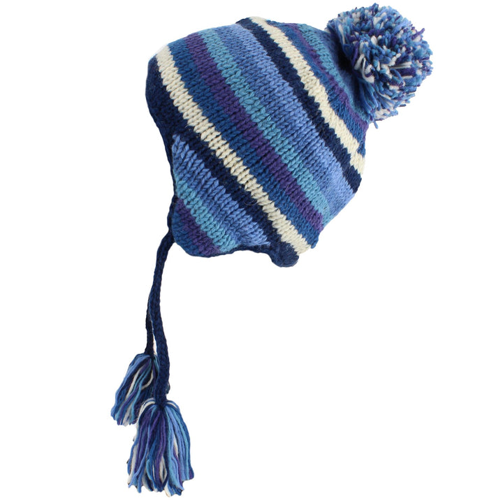 Wool Knit Earflap Bobble Hat - Stripe Blue White