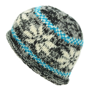 Hand Knitted Wool Beanie Hat - Snowflake Grey Turquoise