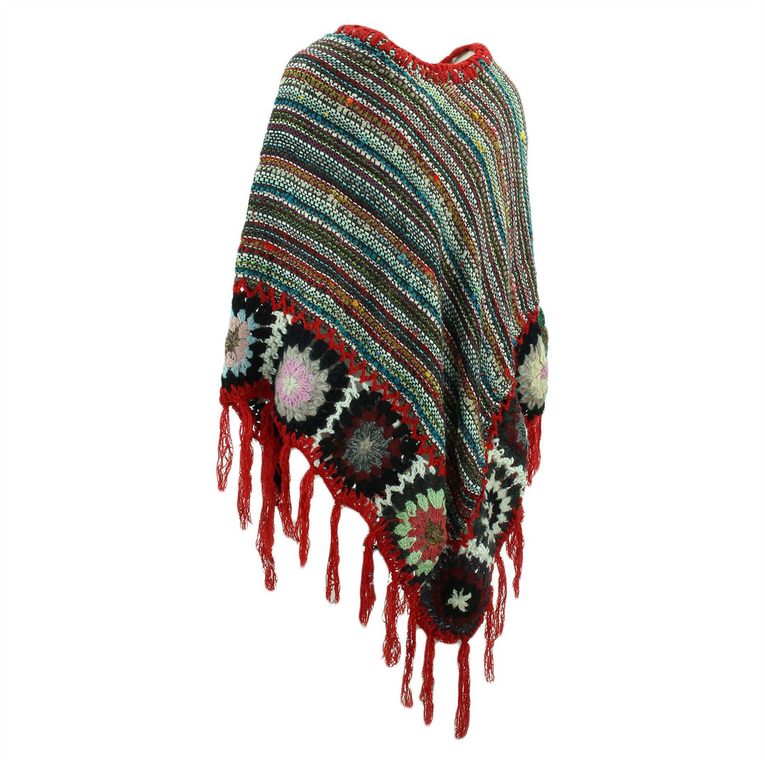 Granny Squares Crochet Poncho Long - Black Multi/Red