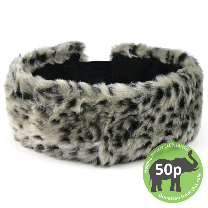 Faux fur headband with satin lining - Snow Leopard print