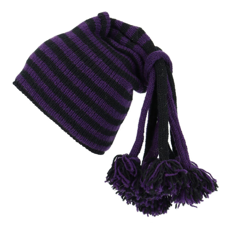 Hand Knitted Beanie Fountain Tassel Hat - Stripe Purple Black