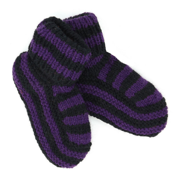 Hand Knitted Wool Slipper Socks - Stripe Purple Black