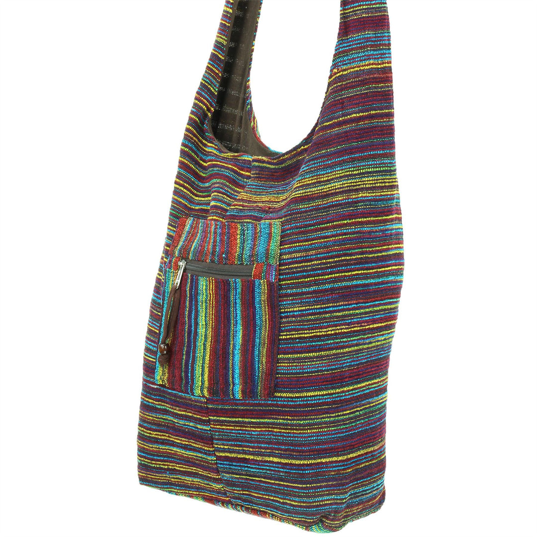 Striped Chenille Sling Shoulder Bag - Multi - Brown Lining