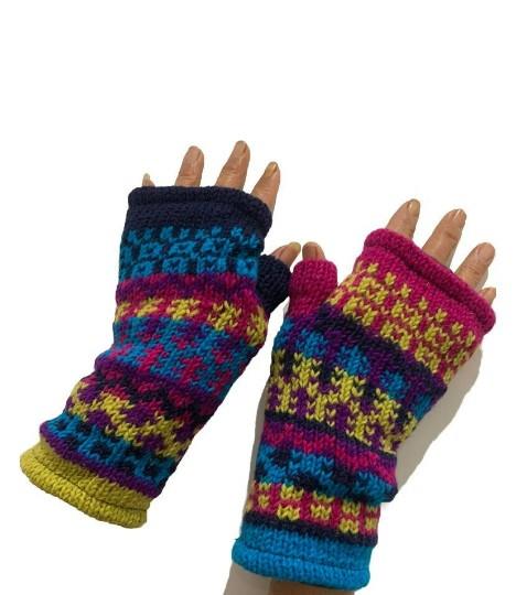 Wool Knit Fleece Lined  Wrist Warmers - Mismatch Pink Purple