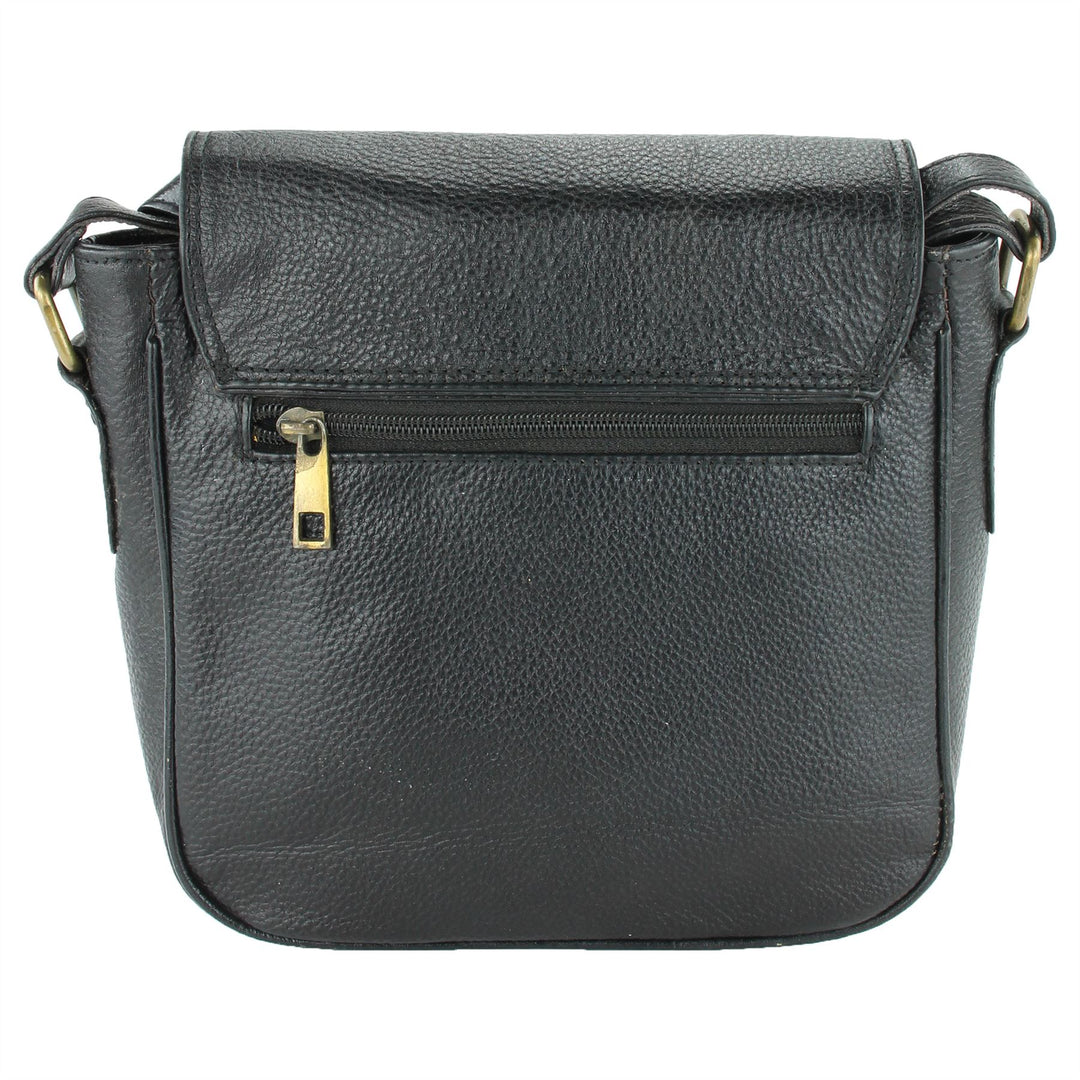 Real Leather Shoulder Bag with Large Extendable Front Pocket - Black