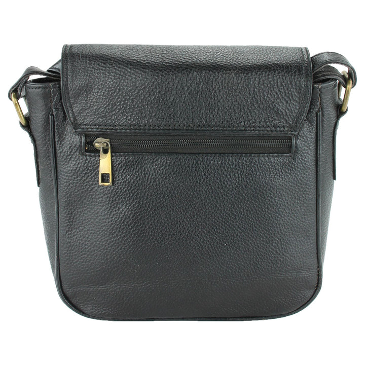 Real Leather Shoulder Bag with Large Extendable Front Pocket - Black