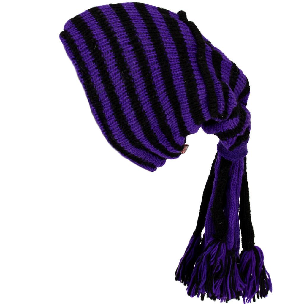 Wool Knit 'Fountain' Tassels Beanie Hat - Purple & Black