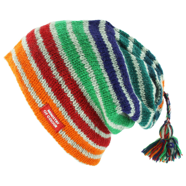 Wool Knit Tassel Beanie Hat - Stripe Green