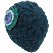 Ladies Wool Cable Knit Beanie Hat with Contrast Flower - Teal