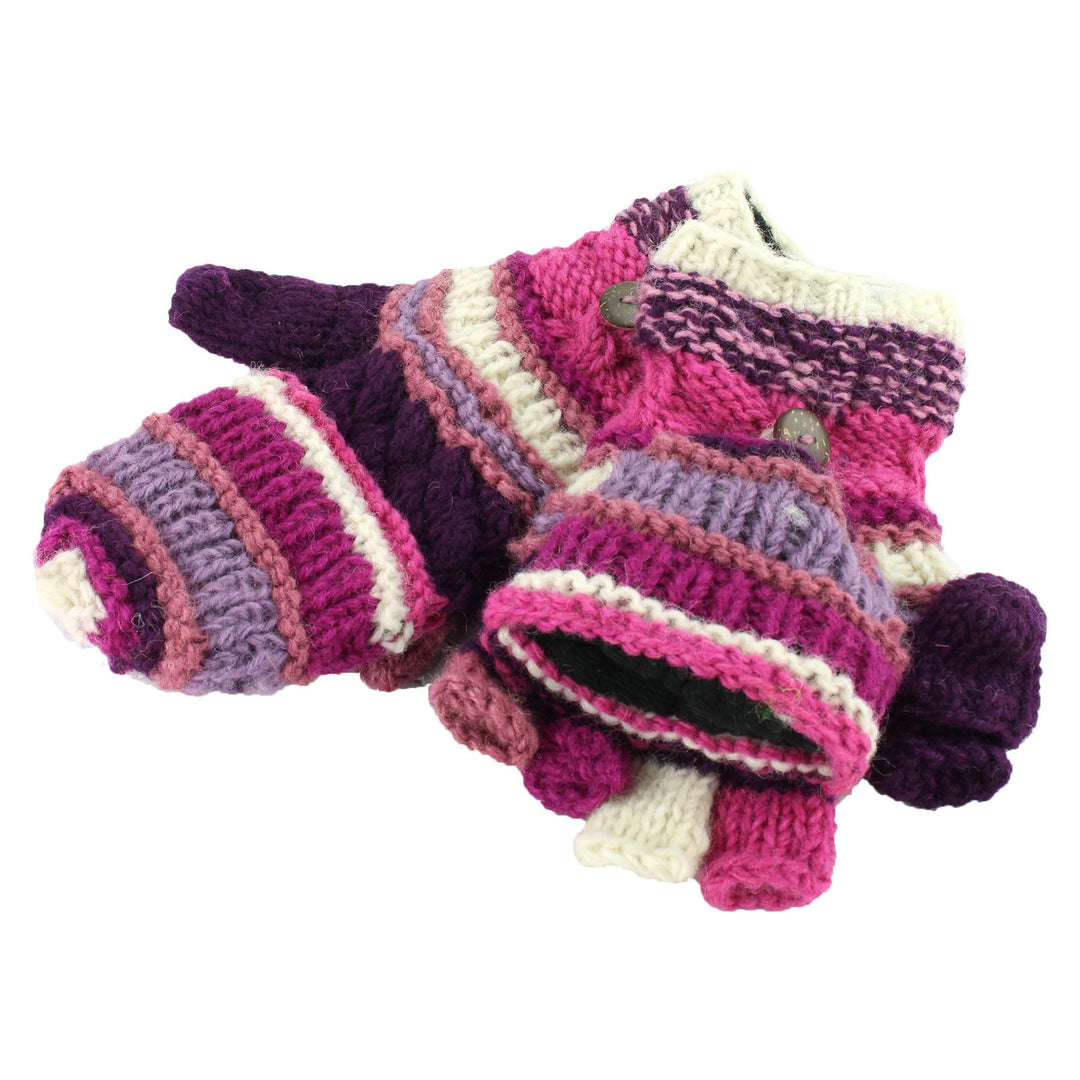 Chunky Wool Fingerless Shooter Gloves - Striped Mixed Knits - Pink Purple