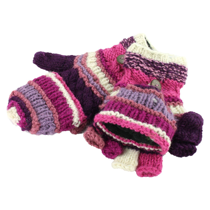 Chunky Wool Fingerless Shooter Gloves - Striped Mixed Knits - Pink Purple