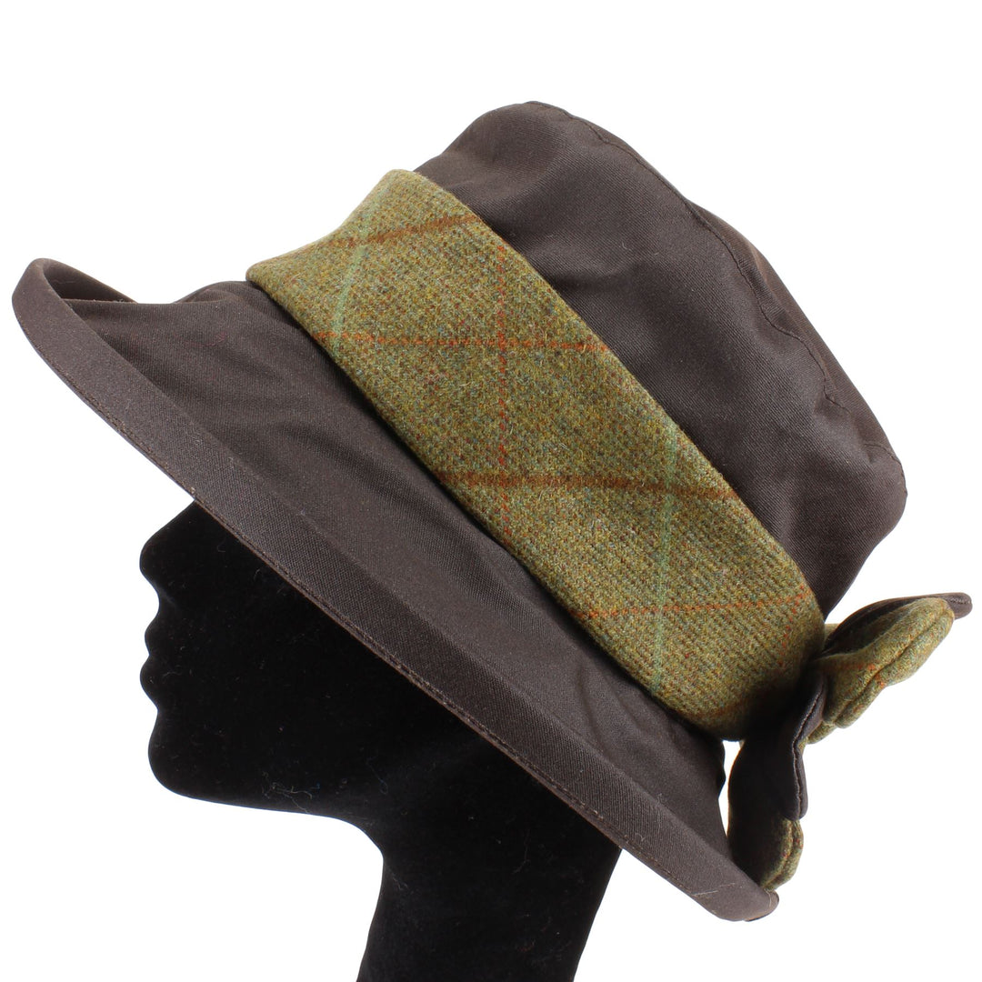 Ladies Wax Hat with Tweed Band and Flower - Brown
