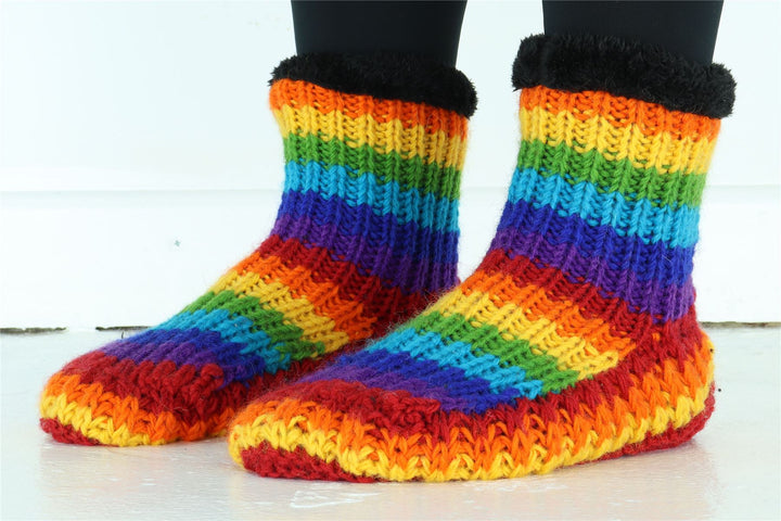 Hand Knitted Wool Slipper Socks - Stripe Bright Rainbow