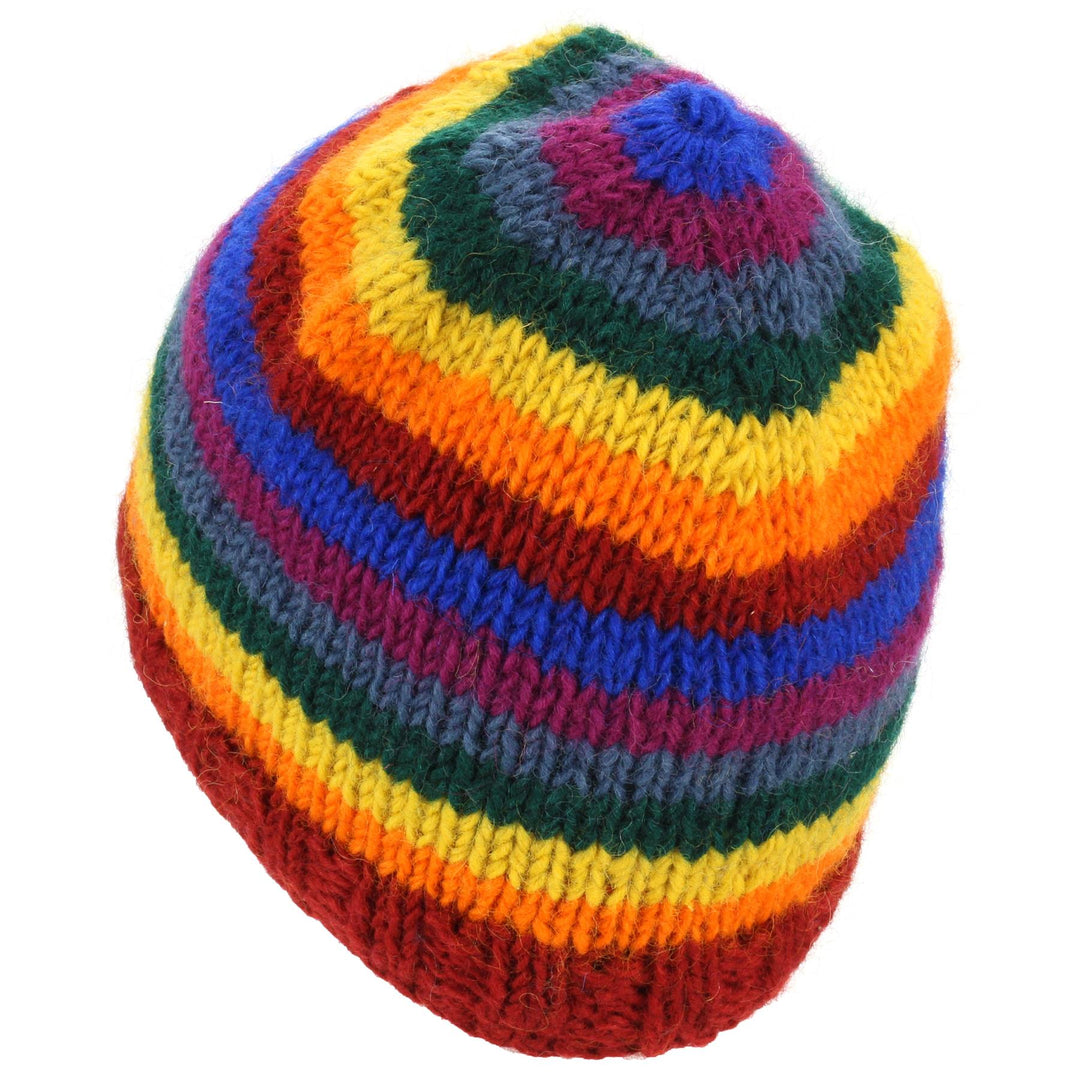 Wool knit beanie hat with fleece lining - Rainbow