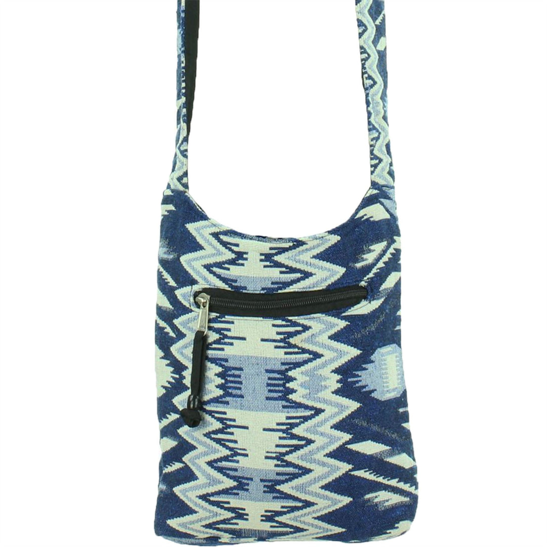 Cotton Canvas Sling Shoulder Bag - Aztec Blue White