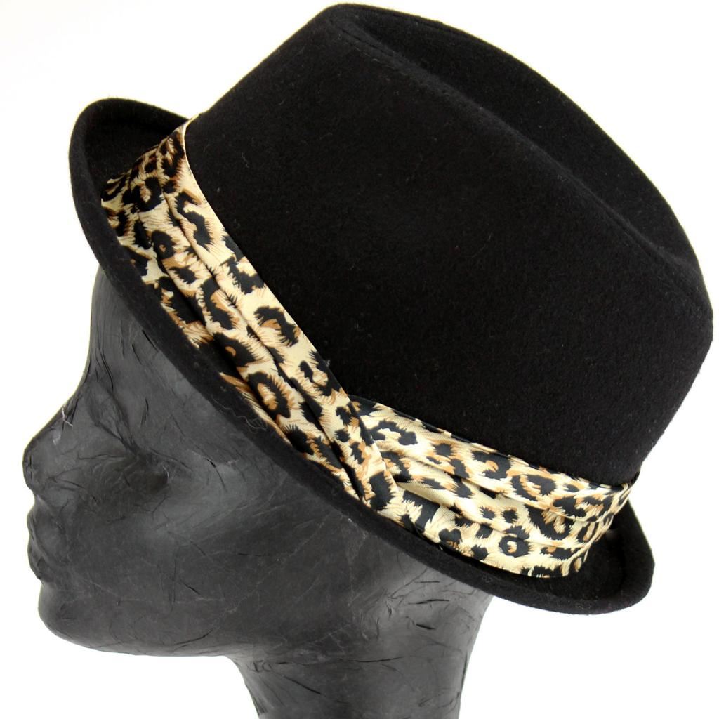Women's felt rolled brim trilby hat with satin leopard print band - Black (57cm)