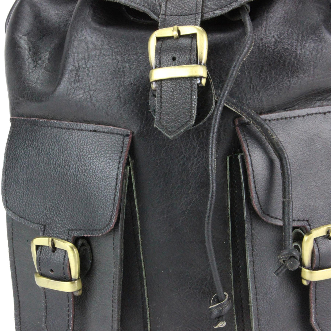 Real Leather Backpack with Two Front Pockets - Black