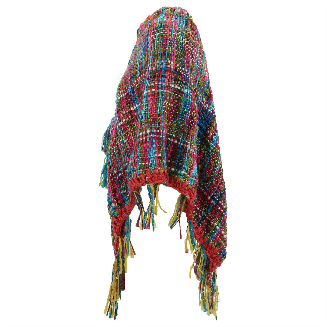 Stripe Crochet Poncho Long - Pink/Rainbow