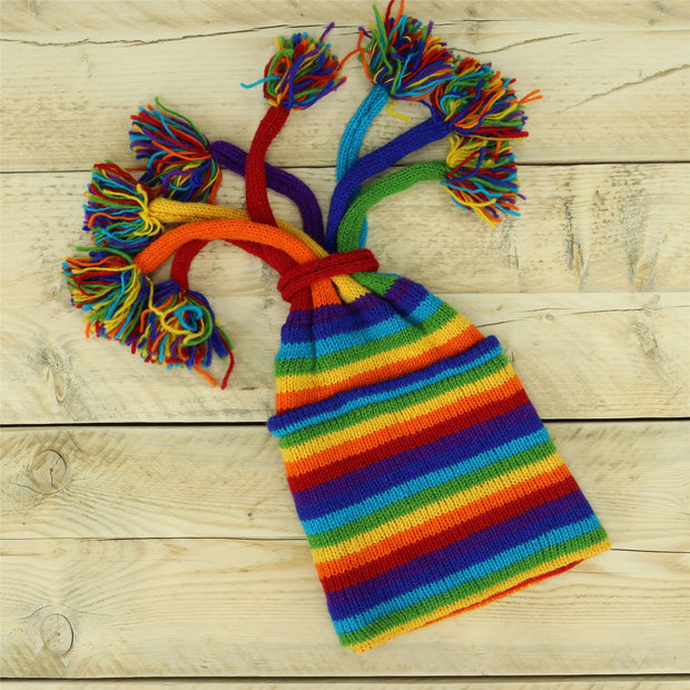 Hand Knitted Beanie Fountain Tassel Hat - Stripe Bright Rainbow