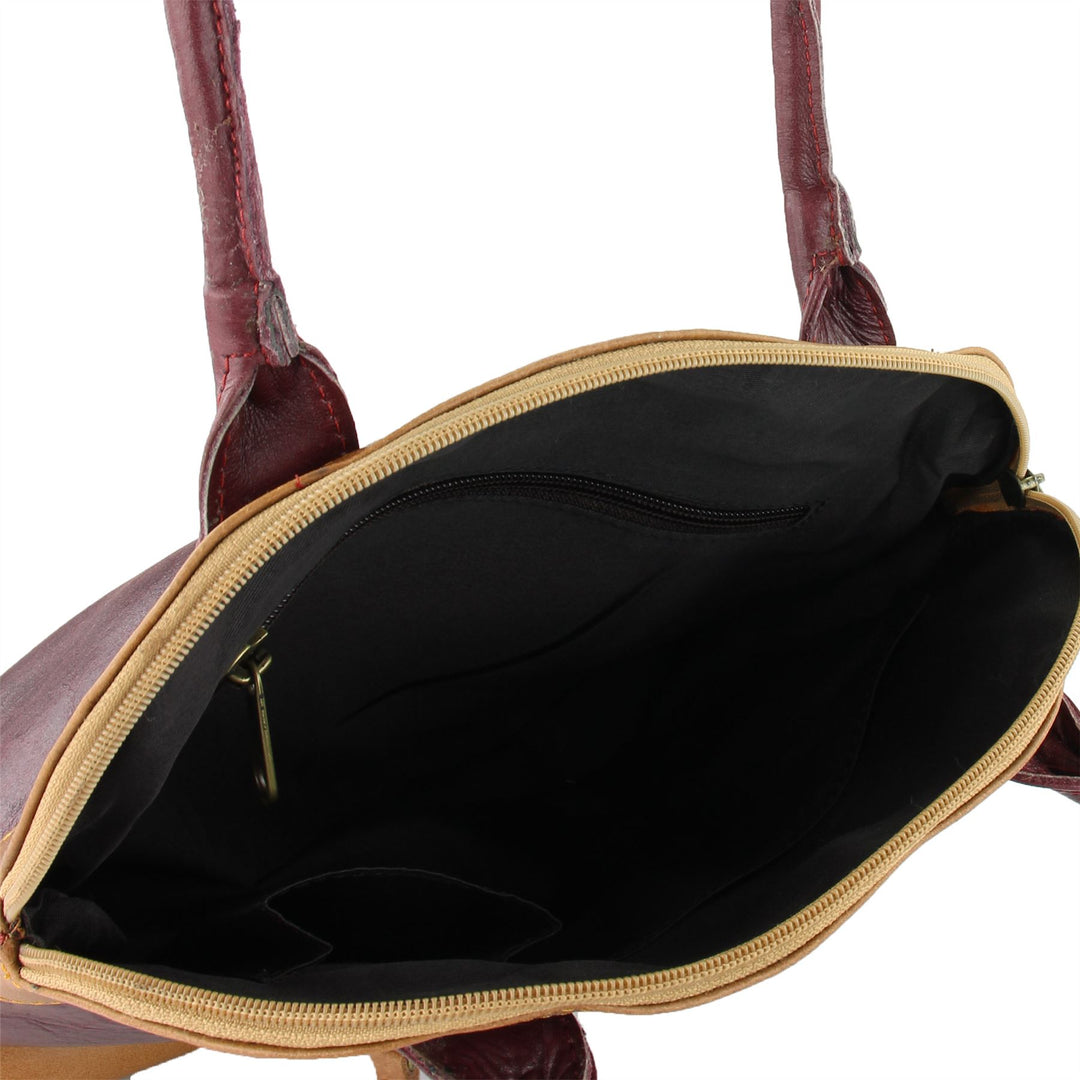 Real Leather Shopper Tote Bag Handbag - Red & Brown