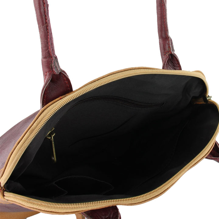 Real Leather Shopper Tote Bag Handbag - Red & Brown