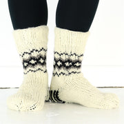 Hand Knitted Wool Slipper Socks Lined - Fairisle Cream