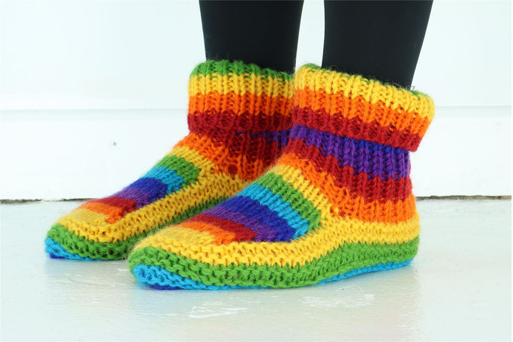 Hand Knitted Wool Slipper Socks - Stripe Bright Rainbow