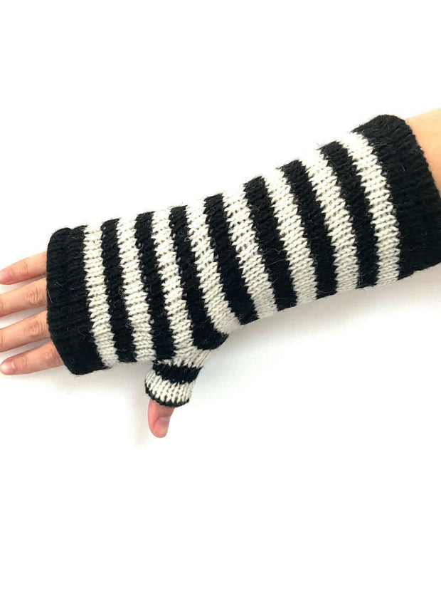 Wool Knit Fleece Lined  Wrist Warmers - Stripe White Black