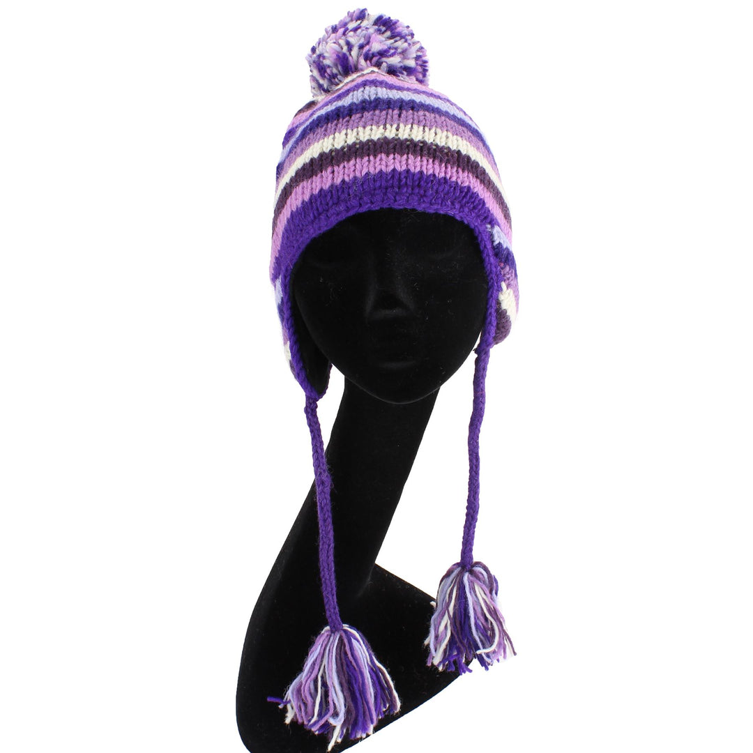 Wool Knit Earflap Bobble Hat - Stripe Purples
