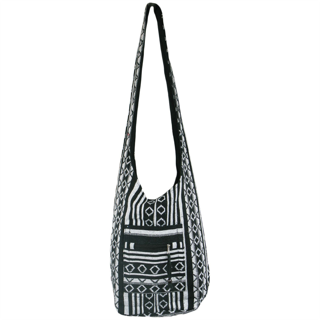 Diamond Pattern Canvas Sling Shoulder Bag - Black White