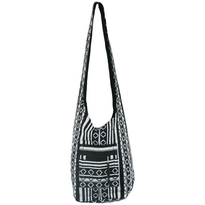 Diamond Pattern Canvas Sling Shoulder Bag - Black White