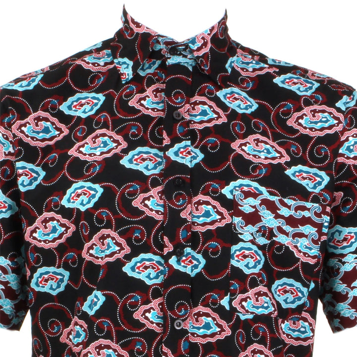 Regular Fit Short Sleeve Shirt - Black Red & Turquoise Abstract