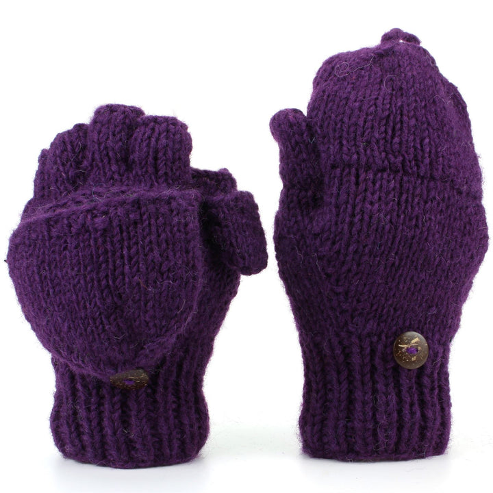Chunky Wool Knit Fingerless Shooter Gloves - Plain - Purple