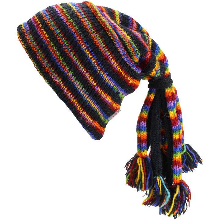 Wool Knit 'Fountain' Tassels Beanie Hat - Black & Rainbow
