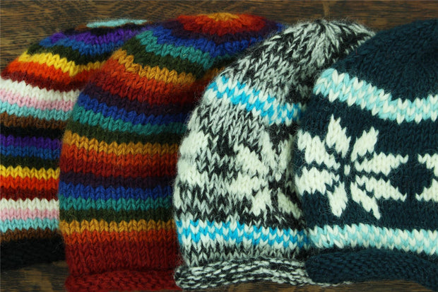 Hand Knitted Wool Beanie Hat - Stripe Dark Rainbow