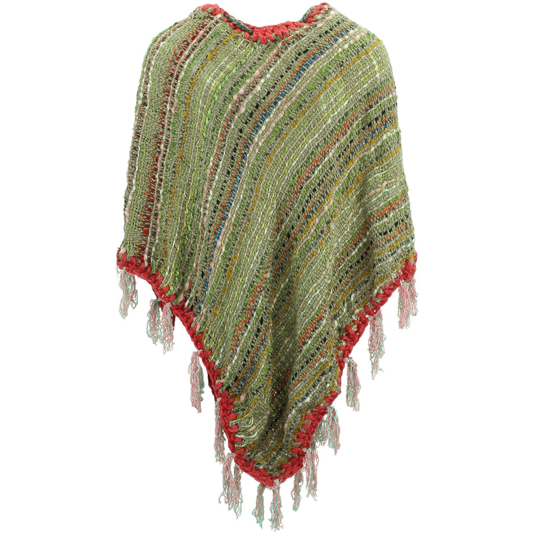 Stripe Crochet Poncho Long - Green