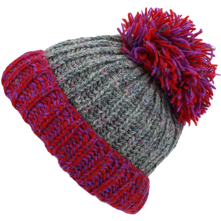 Wool Knit Beanie Bobble Hat - Grey