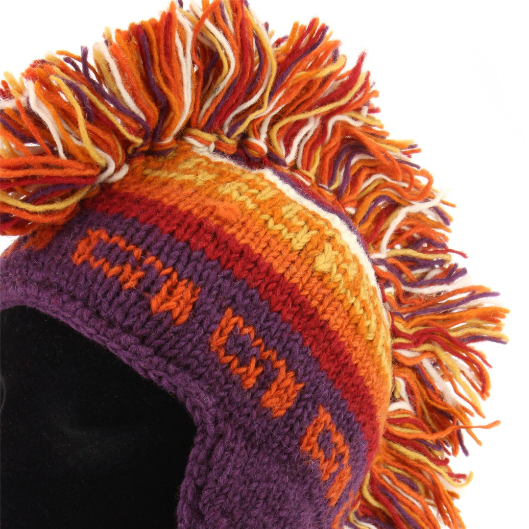 Wool Knit 'Punk' Mohawk Earflap Beanie Hat - Orange Rust (Adult)