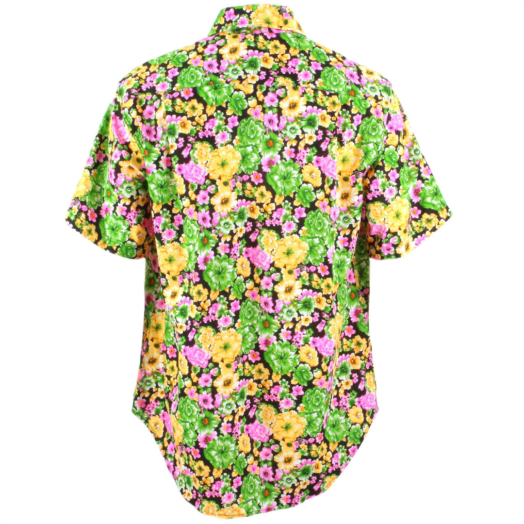 Regular Fit Short Sleeve Shirt - Green Pink & Yellow Floral on Black