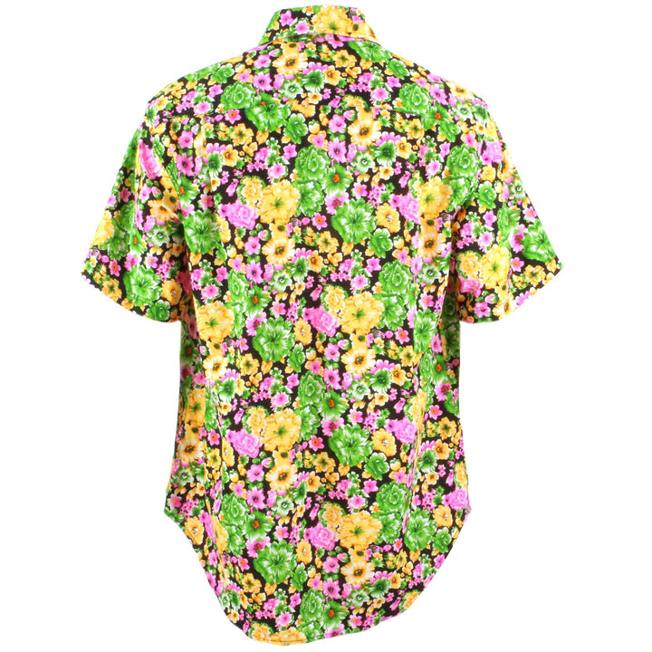 Regular Fit Short Sleeve Shirt - Green Pink & Yellow Floral on Black