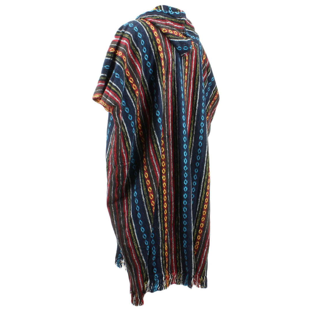 Brushed Cotton Long Hooded Poncho - Blue Red