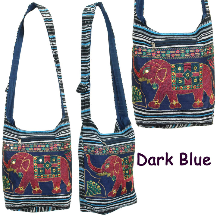 Embroidered Elephant Canvas Sling Shoulder Bag - Dark Blue