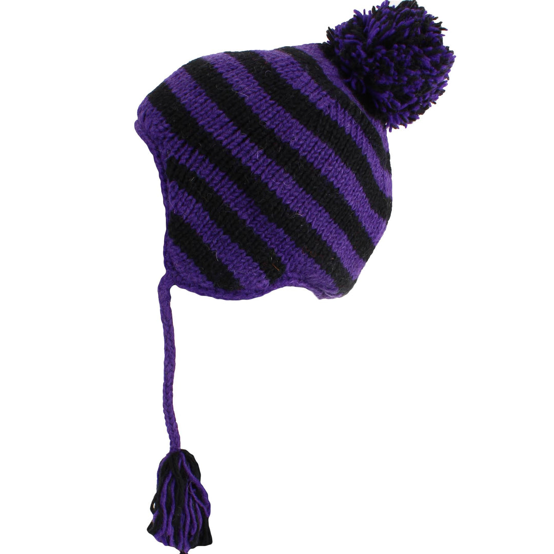 Wool Knit Earflap Bobble Hat - Stripe Purple Black
